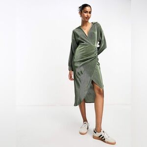 ASOS Women's Plisse Wrap Midi Dress Collared‎ with Blouson sleeves Green Size 10